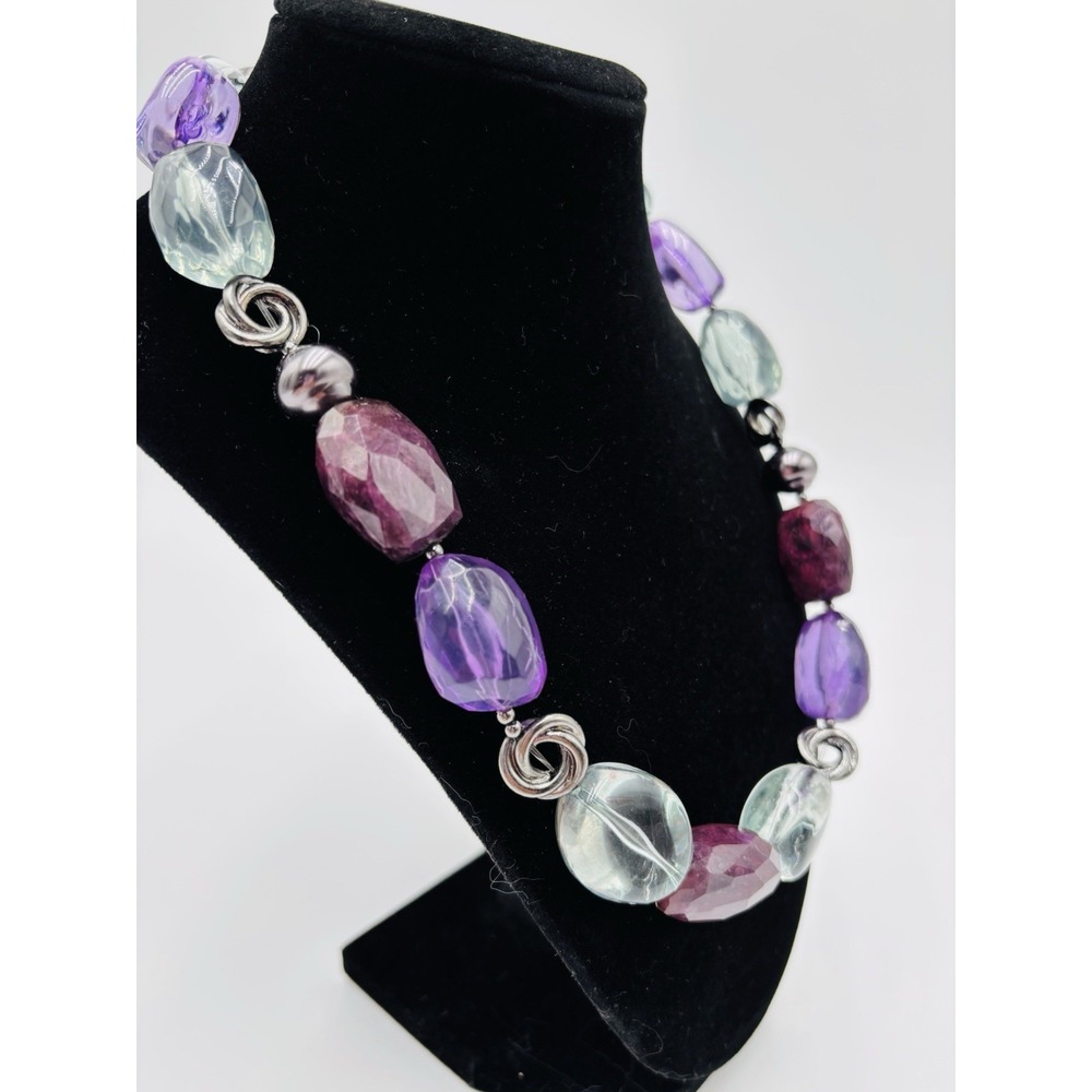 Jones New York Statement Necklace Purple Clear Beaded Chunky Silver Tone Toggle